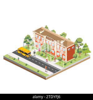 Bâtiment scolaire isométrique avec bus jaune isolé sur fond blanc. Illustration vectorielle. Arbres et route. L'homme va à l'école. Illustration de Vecteur