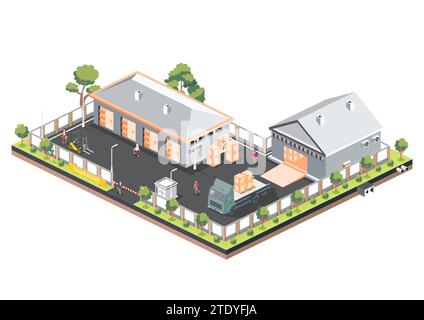 Représentation isométrique d'un centre logistique de distribution comprenant des entrepôts et un camion. Illustration vectorielle capturant le chargement. Illustration de Vecteur