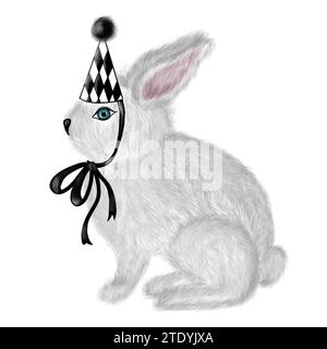 Illustration aquarelle d'un lapin blanc mignon dans un bonnet noir vintage isoler sur un fond blanc. Joli lapin pour concevoir des cartes postales et des enfants Banque D'Images