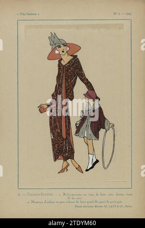 Très parisien, 1923, no 7 : 3. - Champs -Elysées - 1. Robe -manteau ..., 1923 champs-Elysées. 1. 'Robe-Manteau' (robe veste) de 'Reps de Laine' (laine) avec des motifs tissés avec du fil de soie. 2. Manteau des enfants de gros velours de Laine écossais (Wolfluweel). Substances de l'ancienne Maison CH. Lavy et cie. Tirage du magazine de mode très parisien (1920-1936). Impression typographique papier Paris champs-Elysées. 1. 'Robe-Manteau' (robe veste) de 'Reps de Laine' (laine) avec des motifs tissés avec du fil de soie. 2. Manteau des enfants de gros velours de Laine écossais (Wolfluweel). Substances pour Banque D'Images