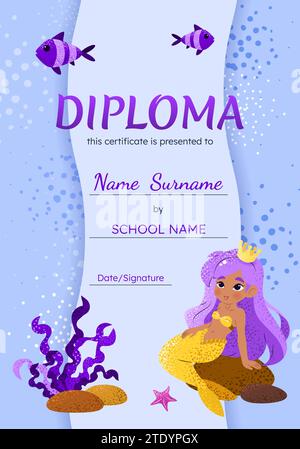 Modèle de certificat de diplôme avec sirène mignonne pour les enfants. Illustration de Vecteur