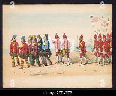 Maskerade des étudiants de Delft, 1857 (planche 1), 1857 défilé costumé des étudiants de l'Académie royale de Delft le 5 mai 1857. Le défilé représente le défilé Garbeg du sultan de Djokjakarta plus différents types caractéristiques de l'archipel indonésien. Première plaque avec les groupes numérotés 1-21. Partie de la série de huit feuilles et demie collées. Imprimeur : Netherlandsprinter : The Haguepublisher : Delft Paper Delft. Indes orientales néerlandaises, les. Jogjakarta défilé costumé des étudiants de l'Académie royale de Delft le 5 mai 1857. La parade représente la parade Garbeg de la Sulta Banque D'Images