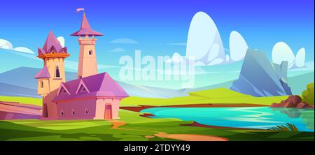 Château de conte de fées avec toit rose et tours sur la rive du lac. Vecteur de dessin animé de paysage d'été fantastique avec roi et palais de princesse près de l'étang et des collines. Scène de jeu ou d'histoire avec kingdom House. Illustration de Vecteur