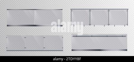 Mains courantes en verre ensemble isolé sur fond transparent. Illustration réaliste vectorielle de barrière en plastique 3D, balustrade d'escalier pour balcon, intérieur de maison ou de bureau, clôture en plexiglas sur poteaux métalliques Illustration de Vecteur