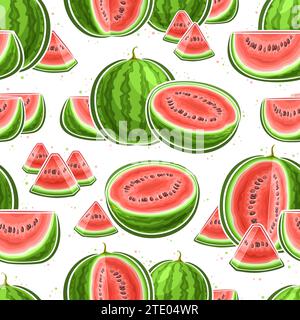 Vector Watermelon Seamless Pattern, fond répétitif décoratif avec une composition juteuse de pastèque hachée, affiche carrée avec une couche plate volante wate Illustration de Vecteur