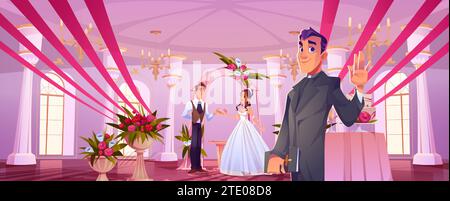 Marié et mariée sous l'arche de mariage drapé et décoré de fleurs et pasteur agitant la main dans la salle de bal festive ou la salle de banquet. Couple heureux de dessin animé dans une configuration de mariage romantique avec bouquet de roses. Illustration de Vecteur