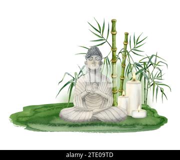 Bouddha méditant assis sur l'herbe verte avec des bougies allumées dans l'illustration d'aquarelle de bambou. Clipart de méditation Banque D'Images