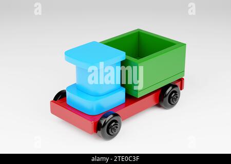 illustration 3d du jouet pour enfants d'un camion multicolore sur un fond blanc isolé. Jouet écologique pour les parents et les enfants Banque D'Images