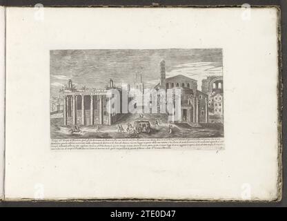 Temple d'Antonin Pie et Faustine et Temple de Romulus, 1680 vue du Forum romain avec le Temple d'Antonin Pie et Faustine à gauche et à droite le Temple de Romulus, qui fait partie de l'église Saint Cosmas et Daminanus. En arrière-plan, la Torre dei Conti. Au premier plan des figures et un chariot avec deux chevaux. Quatre lignes de texte en italien dans la marge inférieure. L'impression fait partie d'un album. Après impression par : Praagpublisher : Rome gravure sur papier Tempel Van Romulus. Tempel Van Antoninus en Faustina. Basilique des saints Cosma et Damiano. Forum Romanum. Torre dei Banque D'Images