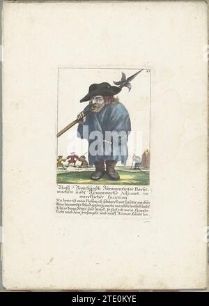 De Kleine Mens Blaßl Broatgosch, ca. 1710, 1705 - 1715 le petit homme Blaßl Broatgoosch comme veilleur de nuit. Dans la légende sous le titre un verset de quatre lignes en allemand. Numéroté en haut à droite : 45. Partie d'une édition à feuilles mobiles d'environ 1710 d'une série de caricatures de petites personnes, connue sous le nom de ton nain. Augsbourg gravure sur papier le petit homme de Blaßl Broatgoosch comme veilleur de nuit. Dans la légende sous le titre un verset de quatre lignes en allemand. Numéroté en haut à droite : 45. Partie d'une édition à feuilles mobiles d'environ 1710 d'une série de caricatures de petites personnes, connue sous le nom de nain to Banque D'Images