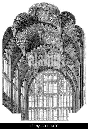 Gravure vintage 1854 du plafond orné de la chapelle d'Henri VII dans l'abbaye de Westminster, Londres. Banque D'Images