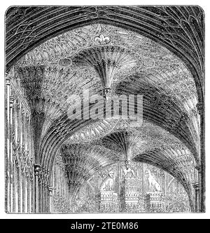 Gravure vintage 1854 du plafond orné de la chapelle Henri VII dans l'abbaye de Westminster, Londres. Banque D'Images