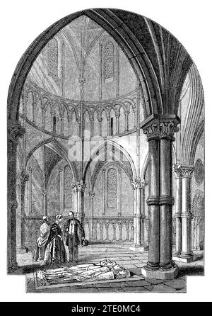 Gravure vintage 1854 de l'intérieur de la rotonde de Temple Church dans la ville de Londres, montrant les effigies des Chevaliers sur le sol. Banque D'Images