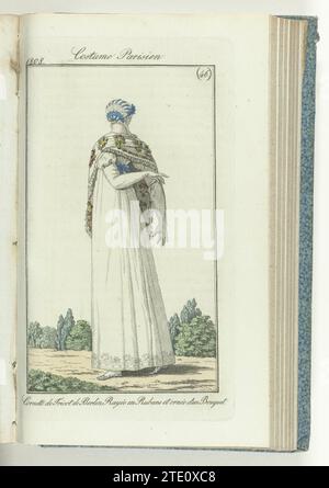 Journal des dames et de la mode, editis Francfort 13 novembre 1808, Costume parisien (46) : Berlin tricoter cornette, rayé de rubans et décoré d'un bouquet, 1808 selon le texte d'accompagnement (p. 182) : Kornet van tricot de Berlin, rayé de rubans et décoré d'un bouquet. Clap de Perkale, brodé sur le bord inférieur. Gants blancs. Chaussures bleues. Le tirage fait partie du magazine de mode Journal des Dames et des modes, publié à Francfort comme copie de l'édition française de Pierre de la Mésangère, (1798-1848). Frankfurt am main gravure sur papier selon l'acco Banque D'Images