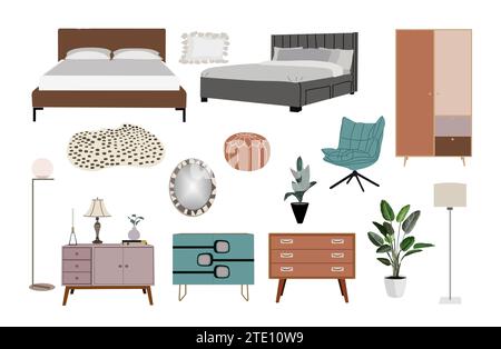 Ensemble de meubles de maison, icônes intérieures pour la chambre à coucher. Illustration de Vecteur