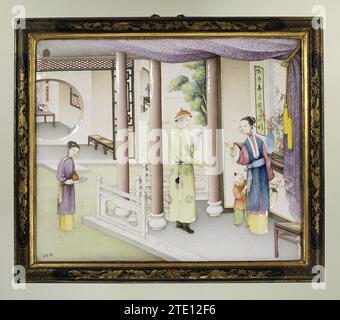 Panneau avec émaux sur cuivre, anonyme, 1760 - 1780 Une performance peinte dans des courriels sur une plaque de cuivre. Un homme, une femme et un enfant sont dans un pavillon, un serviteur vient avec du thé. Les figures et les éléments d'architecture sont quelque peu affichés en relief. Un rideau entoure le spectacle sur le dessus et le côté droit. Liste originale de laque noire et écureuils et vignes en or. Cuivre de Chine (métal). bois (matière végétale). Laque (revêtement) peinture Une performance peinte dans les emails sur une plaque de cuivre. Un homme, une femme et un enfant sont dans un pavillon, un serviteur vient avec du thé. Les figures et les éléments d'architecture le sont Banque D'Images