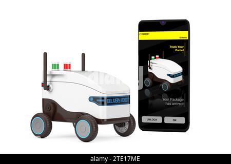 Intelligence artificielle Service Delivery robot Drone près du téléphone mobile smartphone montrant des applications de livraison sur un fond blanc. Rendu 3D. Banque D'Images