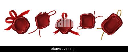 Ensemble réaliste de vecteur de timbres de cire vierges rouges avec corde et ruban. Sceaux de cire vintage de différentes formes géométriques pour lettre, garantie, document ou certificat. Étiquette postale rétro, insigne royal. Illustration de Vecteur