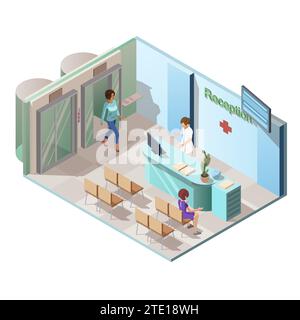 Illustration vectorielle isométrique 3d intérieur de réception de clinique médicale avec femme réceptionniste au bureau de table et patients dans le couloir. Hôpital ou centre de santé avec ascenseur en verre et salle d'attente Illustration de Vecteur