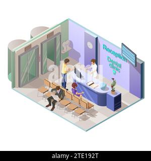 Illustration vectorielle isométrique 3d de clinique dentaire médicale, intérieur de réception avec réceptionniste et visiteurs dans le couloir. Centre de dentisterie avec lève-vitre. Patients en attente de visite chez le dentiste. Illustration de Vecteur