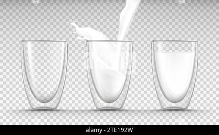 Ensemble de verres réalistes vectoriels vides, pleins et coulants de lait et une éclaboussure de lait, produit laitier, cocktail de protéines, kéfir, yaourt. Tasses en verre à doubles parois, isolées sur fond transparent. Illustration de Vecteur