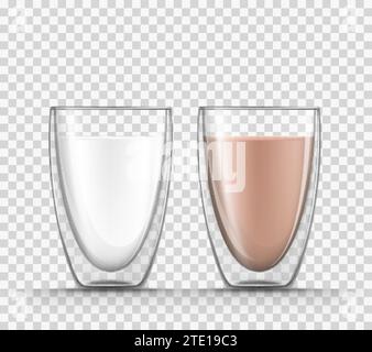 Illustration réaliste 3d du lait et du cacao dans des tasses en verre avec doubles parois isolées sur fond transparent. Tasse pleine avec produit laitier, cocktail protéiné, kéfir, yaourt, lait au chocolat, café. Illustration de Vecteur