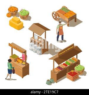 Ensemble isométrique du marché local de ferme de comptoirs de nourriture avec des aliments de santé frais. Personnages fermiers vendant des produits laitiers, du miel naturel, des noix, du fromage maison et des légumes écologiques. Illustration du concept de récolte Illustration de Vecteur