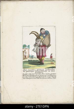De Kleine Mens Cornelius Guttman comme un coin, ca. 1710, 1705 - 1715 le petit homme Cornelius Guttman comme un coin, le mari trompé, sur ses épaules un panier dans lequel un homme est assis. Dans la légende sous le titre un verset de quatre lignes en allemand. Numéroté en haut à droite : 25. Partie d'une édition à feuilles mobiles d'environ 1710 d'une série de caricatures de petites personnes, connue sous le nom de ton nain. Augsbourg gravure sur papier / gravure le petit homme Cornelius Guttman comme un coin, le mari trompé, sur ses épaules un panier dans lequel un homme est assis. Dans la légende sous le titre, un verset de quatre lignes Banque D'Images