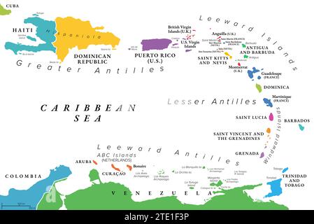 Petites Antilles des Caraïbes, carte politique multicolore. Groupe d'îles entre les grandes Antilles et l'Amérique du Sud. Banque D'Images