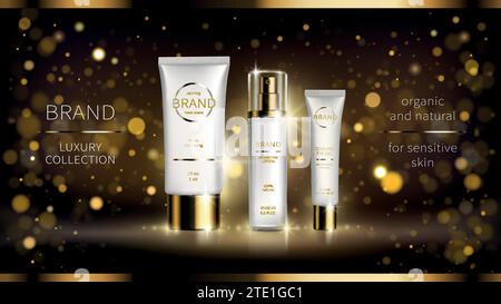 Nuit intense revitalisant cosmétique série réaliste vecteur ADS poster. Bouteille blanche avec bouchon doré, cosmétiques de luxe sur fond sombre avec bokeh brillant. Maquette pour magazine brillant Illustration de Vecteur
