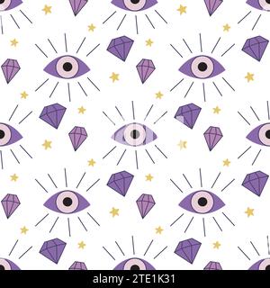 Magic Eyes et cristaux modèle sans couture. Fond de cristaux Boho. Impression ésotérique pour textile, papier, emballage et design, illustration vectorielle Illustration de Vecteur