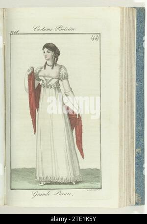 Journal des dames et de la mode, editis Francfort 27 octobre 1806, costume parisien (44) : Grande parure, 1806 selon le texte d'accompagnement (p. 132) coiffure avec tresses et boucles de pipe. Boucles d'oreilles avec perles. Morceau de mousseline blanche avec Canezou avec des brins ('torsades') et un bord avec motif de palmier. Manches courtes bouffantes. Côté rouge avec des franges. Gants blancs (longs) et chaussures blanches. Le tirage fait partie du magazine de mode Journal des Dames et des modes, publié à Francfort comme copie de l'édition française de Pierre de la Mésangère, (1798-1848). Frankfurt am main gravure sur papier Accordi Banque D'Images