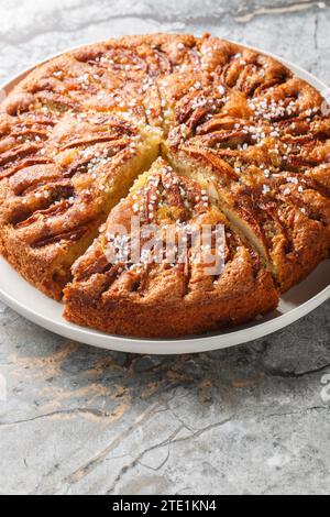 Eplekake est un délicieux gâteau aux pommes à la cannelle d'un bol qui est le genre de chose que les rêves d'automne sont faits de gros plan sur une assiette sur la table. Vertical Banque D'Images