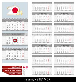 Modèle de planificateur de calendrier mural japonais pour 2024 année. Japonais et anglais. La semaine commence à partir du lundi. Prêt pour l'impression. Illustration vectorielle. Illustration de Vecteur