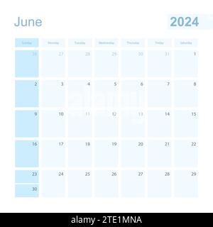 2024 juin planificateur mural en couleur bleue, la semaine commence le dimanche. Calendrier pour juin 2024 avec jour du mois précédent et du mois suivant. Illustration de Vecteur