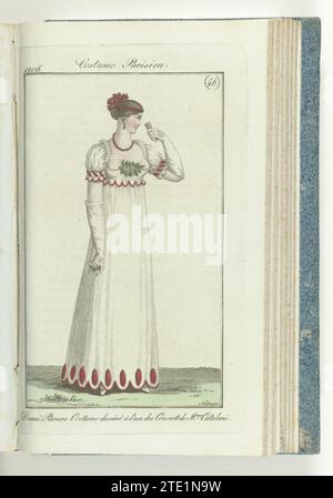 Journal des dames et de la mode, editis Francfort 10 novembre 1806, costume parisien (46) : demi-arings. Costumn attiré par un des concerts de Mme Catalani., 1806 selon la légende, le demi Parure a été signé lors d'un concert de Mme Catalani. Le texte d'accompagnement (p. 182) rapporte : coiffure aux cheveux bien peignés et tresses, décorée d'un Tres Amaranthes et d'un tiret de la même couleur sur le dos de la tête. Boucles d'oreilles et chaîne de corail sang. Robe de mousseline blanche, avec garniture en rouge. Manches courtes à papier. Gants blancs (longs) et chaussures blanches. L'impression fait partie de la mode m Banque D'Images