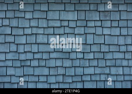 Section abstraite de bardeaux de bois bleu vif, peints sur le côté d'une maison. Banque D'Images