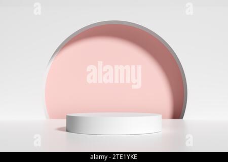 Podium rond blanc ou piédestal avec fond de cercle rose. Maquette pour l'affichage ou la présentation du produit. Rendu 3D. Banque D'Images
