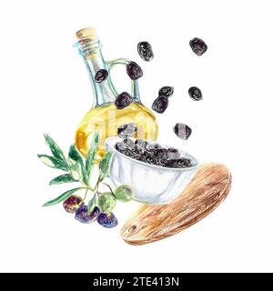 Huile d'olive, branche, olives noires, assiette, planche de bois. Illustration aquarelle isolée sur fond blanc. Élément de conception pour étiquettes alimentaires, emballages, Banque D'Images