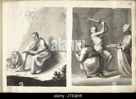 Saint Hiéronymus dans le désert et décapitation de Jean-Baptiste, 1660 - 1661 deux dessins collés ensemble sur une feuille. Papier Zwolle. encre. Brosse à craie / stylo deux dessins collés ensemble sur une feuille. Papier Zwolle. encre. brosse à craie / stylo Banque D'Images