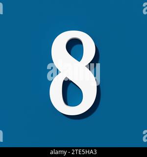 Blanc numéro huit 8 sur fond bleu. Vue de dessus. Rendu 3D. Banque D'Images