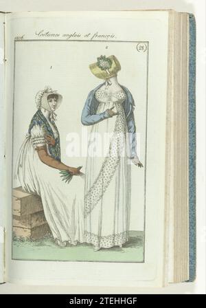 Journal des dames et de la mode, editis Francfort 7 juillet 1806, costumes anglais et François (28), 1806 selon le texte d'accompagnement (p. 45) : Fig. 1 : chapeau avec un dos de Tafzijde, noué comme un cornet. Silk Fichu. Robe en mousseline blanche à manches courtes bouffantes. Gants (longs) en cuir. Chaussures vertes. Fig. 2 : mode anglaise : bonnet 'à la Chaumière', garni de fleur de mai. Robe courte en mousseline blanche avec une draperie qui court en diagonale de la taille au bord inférieur. Draperie et bord inférieur décoré avec côté richement brodé. Spencer de soie bleue. L'impression fait partie de la fa Banque D'Images