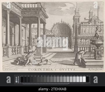 Portail d'un bâtiment à colonnes corinthiennes et le goût des sens, 1620 à gauche le portail d'un bâtiment à colonnes corinthiennes. Au premier plan une femme assise à côté d'un panier avec des fruits et tient un tassa dans sa main. Elle dépeint le sens du goût. En arrière-plan, un couloir fonctionne. A droite une fontaine. En bas à droite : ii. L'impression fait partie d'un album. Print Maker : le beéditor : Amsterdam gravure sur papier / gravure sur la gauche le portail d'un bâtiment avec des colonnes corinthiennes. Au premier plan une femme assise à côté d'un panier avec des fruits et tient un tassa dans sa main. Elle représente Th Banque D'Images