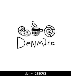 Vector Hand Drawn Danemark Label. Voyage Skandinavian Illustration. Illustration de lettrage à la main. Logo danois Illustration de Vecteur