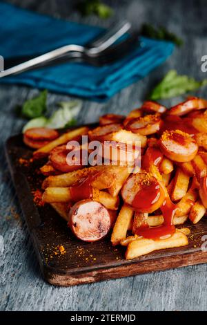 gros plan d'une currywurst typiquement allemande tranchée garnie de ketchup au curry et de poudre de curry servie avec des frites sur une planche à découper en bois, sur une table grise Banque D'Images