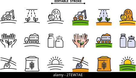 Jeu d'icônes de couleur d'agriculture et d'agriculture. Contour modifiable. Icônes du marché des agriculteurs de vecteur. Collection de symboles de logo d'agriculture moderne. Ferme biologique Illustration de Vecteur