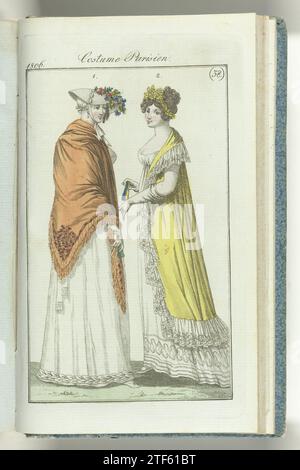 Journal des dames et de la mode, editis Francfort 15 septembre 1806, costume parisien (38), 1806 selon le texte d'accompagnement (p. 324 et 325) : 'Figure 1.' Chapeau à la Provencale 'décoré de fleurs, attaché sous le menton avec un ruban blanc. Boucles d'oreilles de perles. Débris de mousseline blanche, garnis de palmets. Figure 2. Robe en mousseline blanche, avec ourlet brodé. Long manteau espagnol en lin ou mousseline, doublé de soie de couleur naturelle et raconté avec de la dentelle blanche. La cape doit avoir des manches. Coupe de cheveux avec des couronnes de fleurs. L'imprimé fait partie du magazine de mode Journal des Banque D'Images