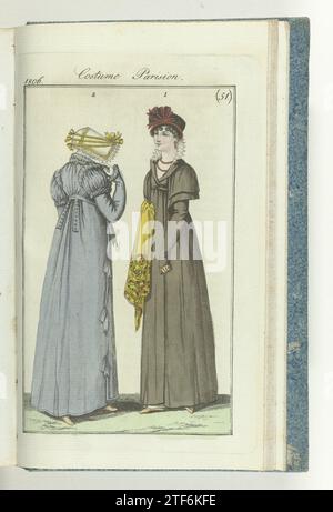 Journal des dames et de la mode, editis Francfort 15 décembre 1806, costume parisien (51), 1806 selon le texte d'accompagnement (p. 318) : Fig. 1 : chapeau de velours avec une garniture de Nacarat. Boucles d'oreilles et collier de corail sang. Redingote de tissu Lakense avec un «rond-point» et revers et retrait médical. Écharpe de côté jaune. Chaussures jaunes. Fig. 2 : chapeau à baldaquin blanc avec velours. Douillette ou manteau matelassé de Marceline, avec manches et garniture à l'espagnole ». Les bâtiments sont fermés sur le côté avec des rubans. Chaussures dans la couleur Chamois. L'imprimé fait partie du magazine de mode Journal Banque D'Images