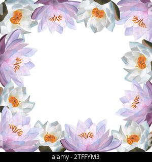 Cadre horizontal avec aquarelle délicate violette White aquarelle clipart floral pour cartes postales, décoration, affiches, annonces, cadres, Journée de la femme 2024 Banque D'Images