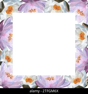 Cadre horizontal avec aquarelle délicate violette White aquarelle clipart floral pour cartes postales, décoration, affiches, annonces, cadres, Journée de la femme 2024 Banque D'Images